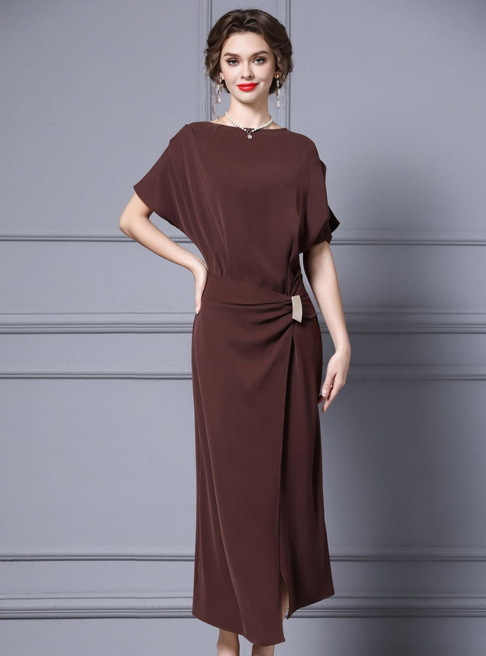 Chocolate Color Pleats Mother Of The Bride Dress