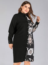 Retro Contrast Printing Stitching Lapel Shirt Dress