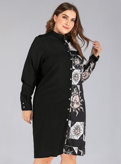 Retro Contrast Printing Stitching Lapel Shirt Dress