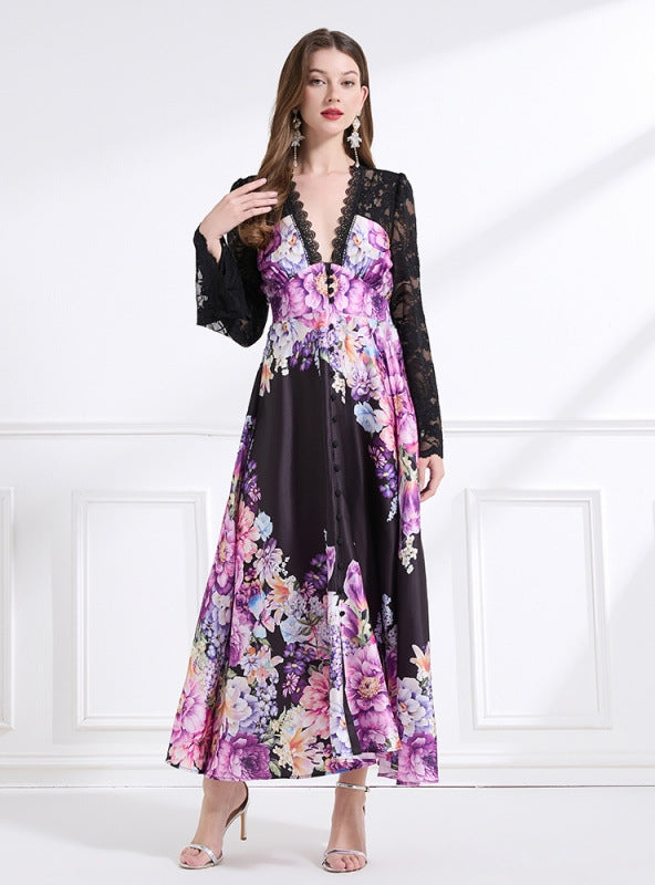 Deep V-neck Lace Horn Sleeve Printed Long Dress