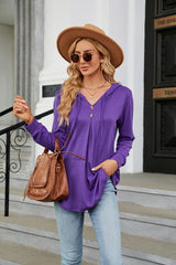 V-neck Button Hooded Loose Long Sleeve Top