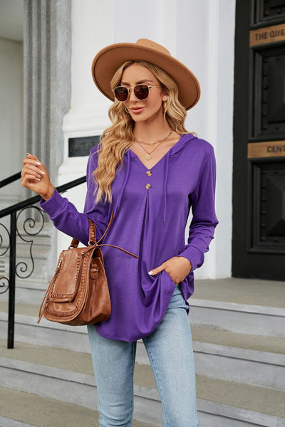 V-neck Button Hooded Loose Long Sleeve Top