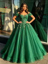 Green Tulle Off the Shoulder Appliques Quinceanera Dress