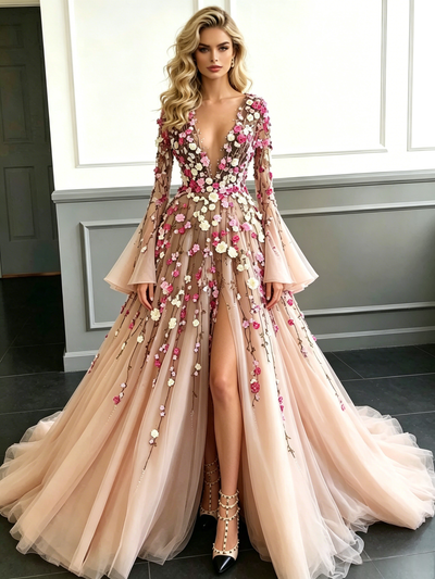 Champagne Long Sleeve Appliques Prom Dress