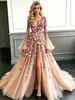 Champagne Long Sleeve Appliques Prom Dress