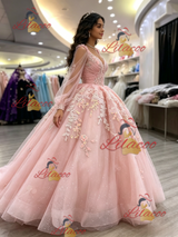 Pink Tulle Long Sleeve Appliques Quinceanera Dress