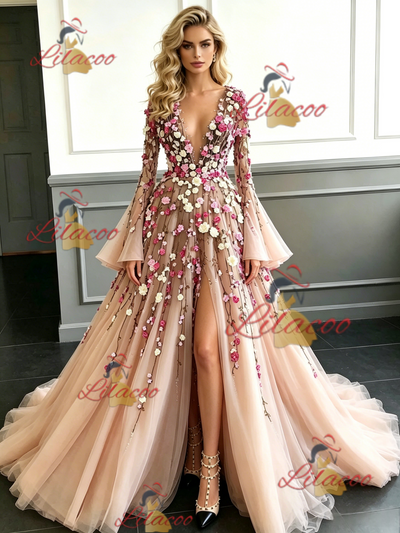 Champagne Long Sleeve Appliques Prom Dress
