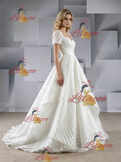 White Short Sleeve Square Neck Wedding Dress