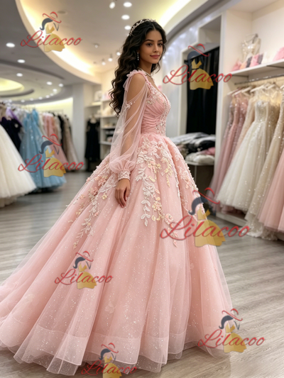 Pink Tulle Long Sleeve Appliques Quinceanera Dress