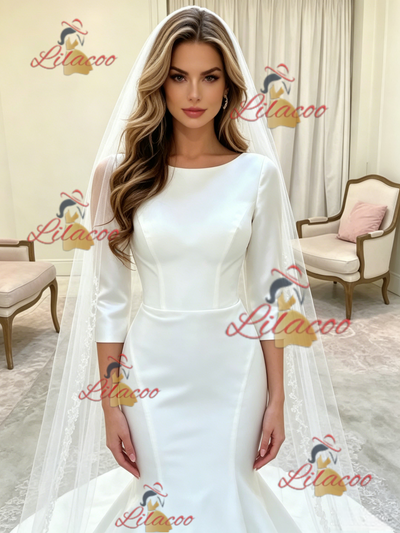 White Mermaid Satin Short Sleeve Wedding Dress