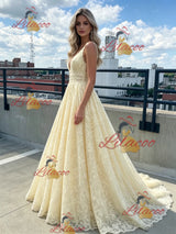 Yellow Tulle Lace Straps Prom Dress