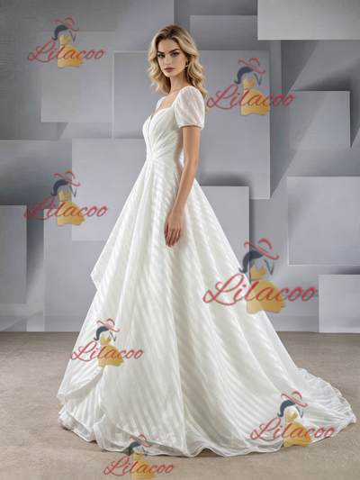 White Short Sleeve Square Neck Wedding Dress