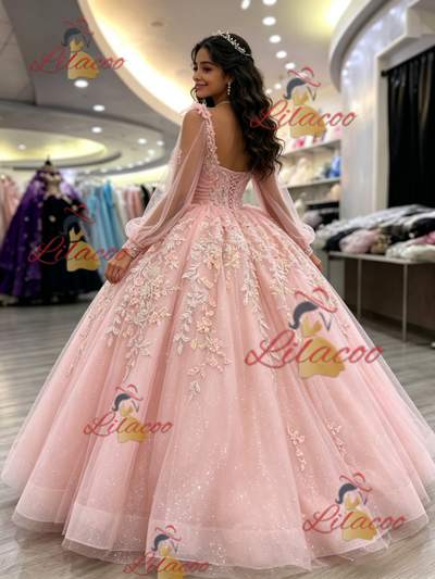 Pink Tulle Long Sleeve Appliques Quinceanera Dress