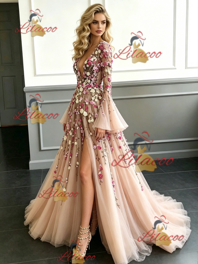 Champagne Long Sleeve Appliques Prom Dress