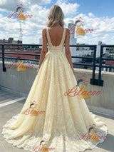 Yellow Tulle Lace Straps Prom Dress