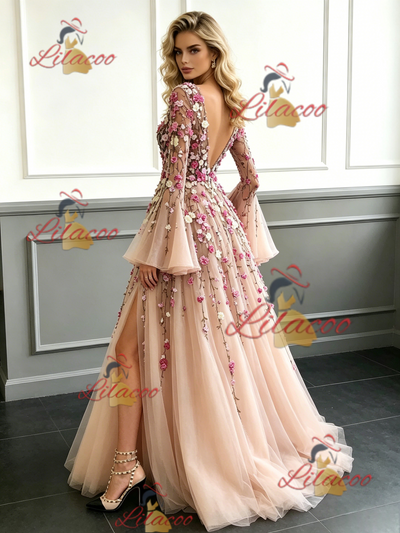 Champagne Long Sleeve Appliques Prom Dress
