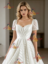 White Short Sleeve Square Neck Wedding Dress