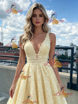 Yellow Tulle Lace Straps Prom Dress