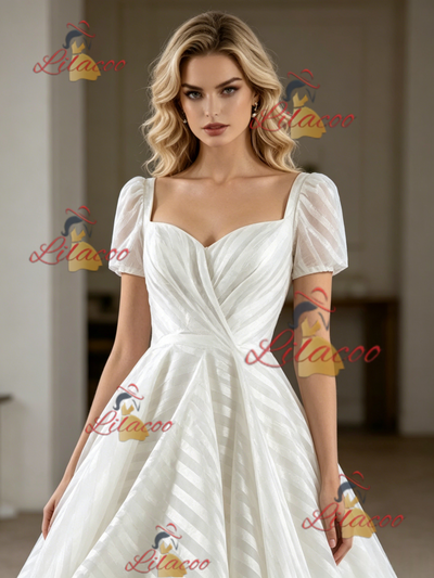 White Short Sleeve Square Neck Wedding Dress