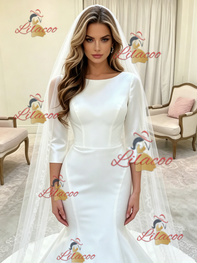White Mermaid Satin Short Sleeve Wedding Dress