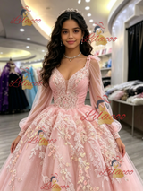 Pink Tulle Long Sleeve Appliques Quinceanera Dress