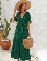 V-neck High Waist Short Sleeve Long Dress
