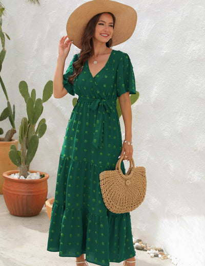 V-neck High Waist Short Sleeve Long Dress