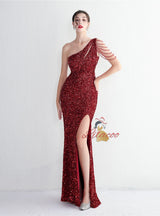 One Shoulder Sequins Beading Split Prom Dress