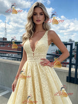 Yellow Tulle Lace Straps Prom Dress