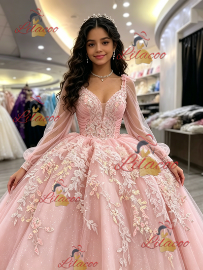 Pink Tulle Long Sleeve Appliques Quinceanera Dress