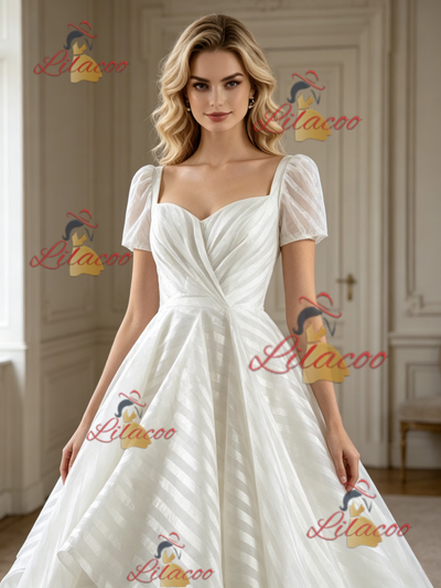 White Short Sleeve Square Neck Wedding Dress
