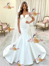 White Mermaid Satin Short Sleeve Lace Wedding Dress