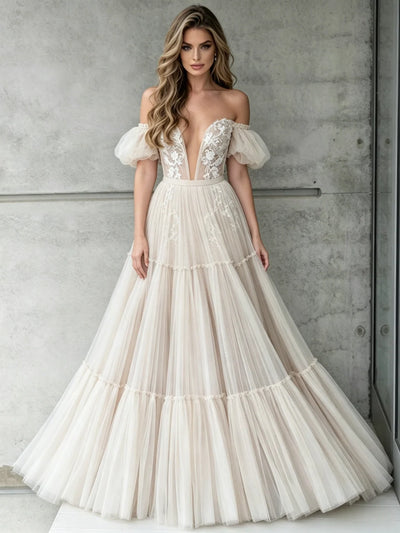 Ivory Tulle Lace Off the Shoulder Wedding Dress