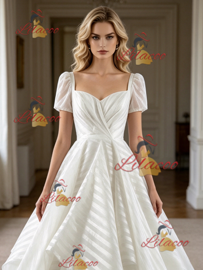 White Short Sleeve Square Neck Wedding Dress