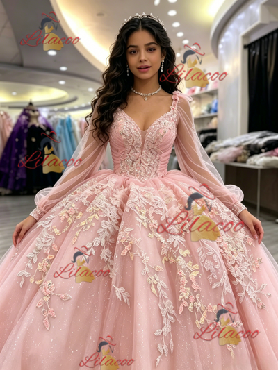 Pink Tulle Long Sleeve Appliques Quinceanera Dress