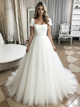 White Tulle Short Sleeve Wedding Dress