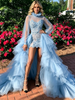 Blue Tulle Long Sleeve Appliques Prom Dress