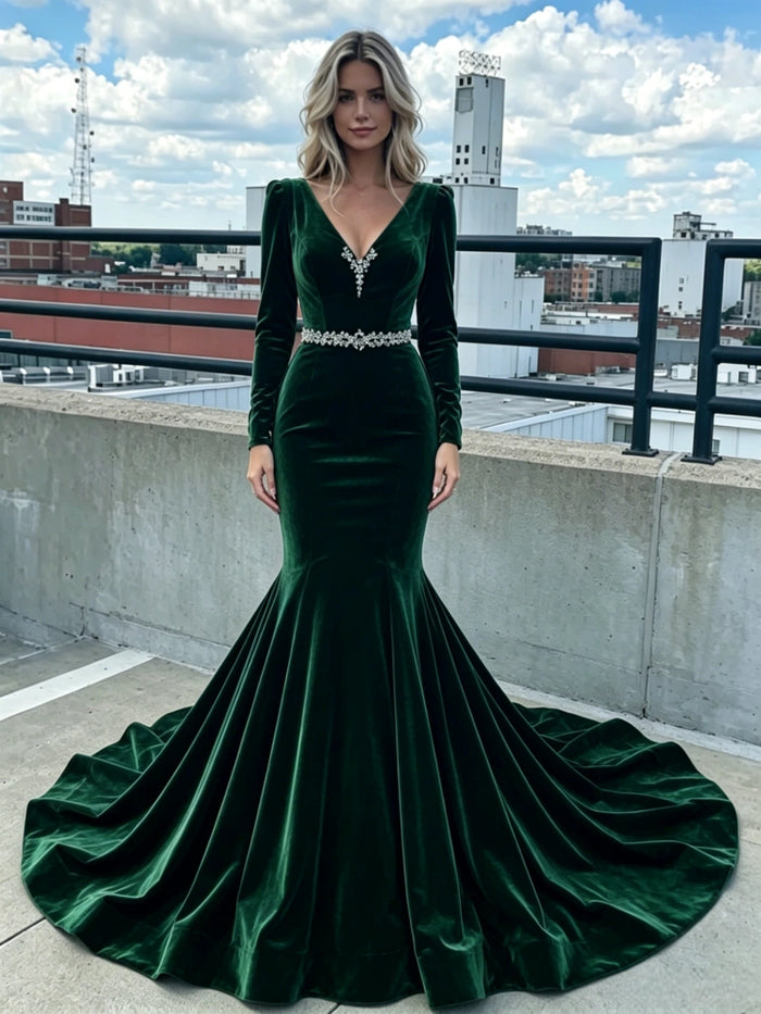 Green Mermaid Velvet V-neck Long Sleeve Prom Dress