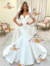 White Mermaid Satin Short Sleeve Lace Wedding Dress