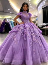Purple Tulle High Neck Appliques Quinceanera Dress