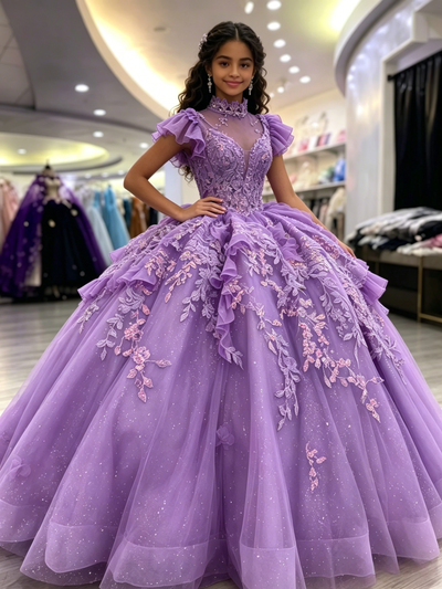 Purple Tulle High Neck Appliques Quinceanera Dress