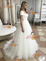 White Tulle Short Sleeve Wedding Dress