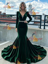 Green Mermaid Velvet V-neck Long Sleeve Prom Dress