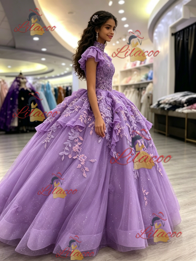 Purple Tulle High Neck Appliques Quinceanera Dress