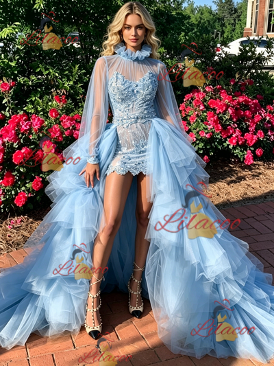 Blue Tulle Long Sleeve Appliques Prom Dress