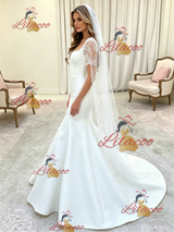 White Mermaid Satin Short Sleeve Lace Wedding Dress