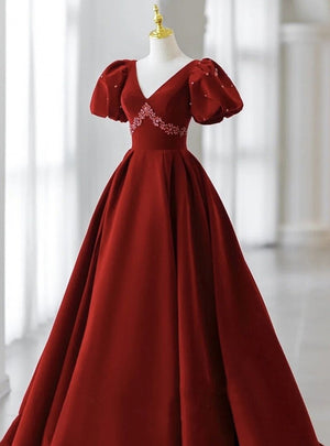 Burgundy Velvet Puff Sleeve V-neck Crystal Prom Dress