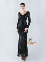 Long Sleeve Sequins V-neck Prom Dress