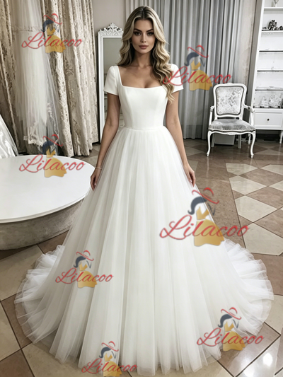 White Tulle Short Sleeve Wedding Dress