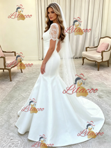 White Mermaid Satin Short Sleeve Lace Wedding Dress